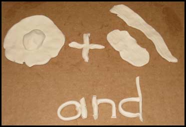 An image of eggs and bacon fashioned from clay with the word AND joining the two items.  This is an exercise for overcoming learning disabilities surrounding comprehension.